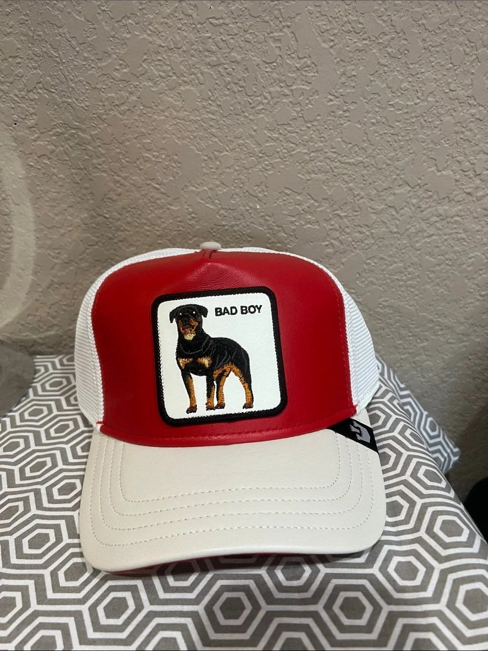 Goorin Bros. Leather and mesh Red and White 'Bad Boy' Rottweiler Dog Cap